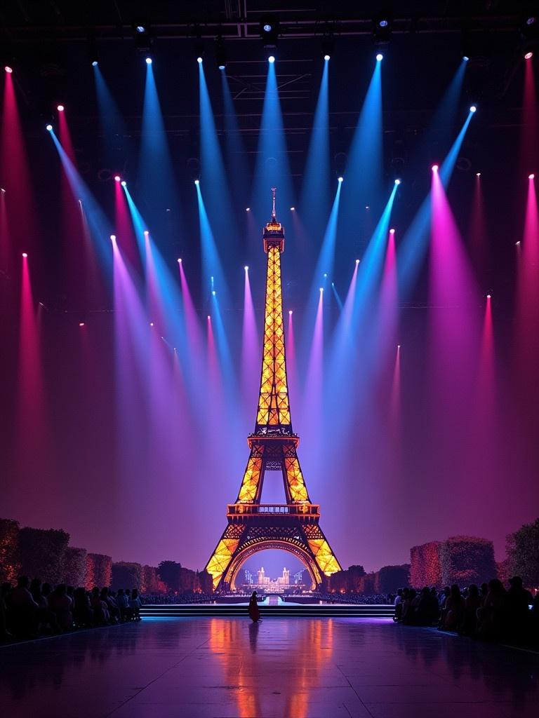 Concept stage with Eiffel Tower inspiration. Colorful lights illuminate the scene. Audience viewed from wide perspective. Artistic performance atmosphere emphasized.