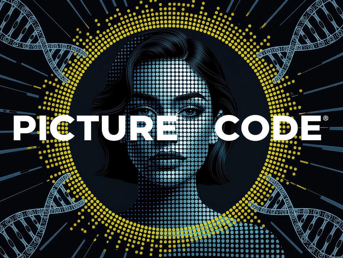 Deconstructed logo for Picture Code with a portrait dissolving into dots and DNA strands. Dots create a circular frame around the name in a bold font. Colors include deep black, metallic silver, fluorescent yellow. High-contrast, surreal lighting enhances the design.