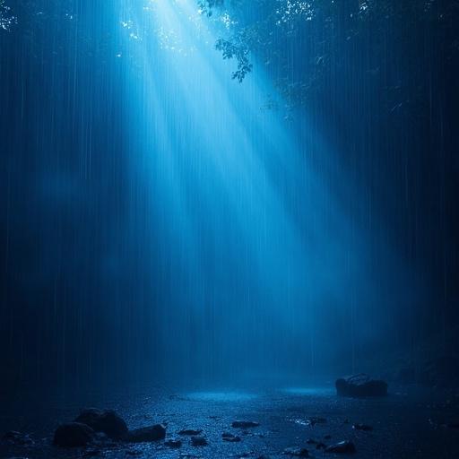 Magical rain illuminated by blue light creates ethereal atmosphere. Light beams shine in dark setting.