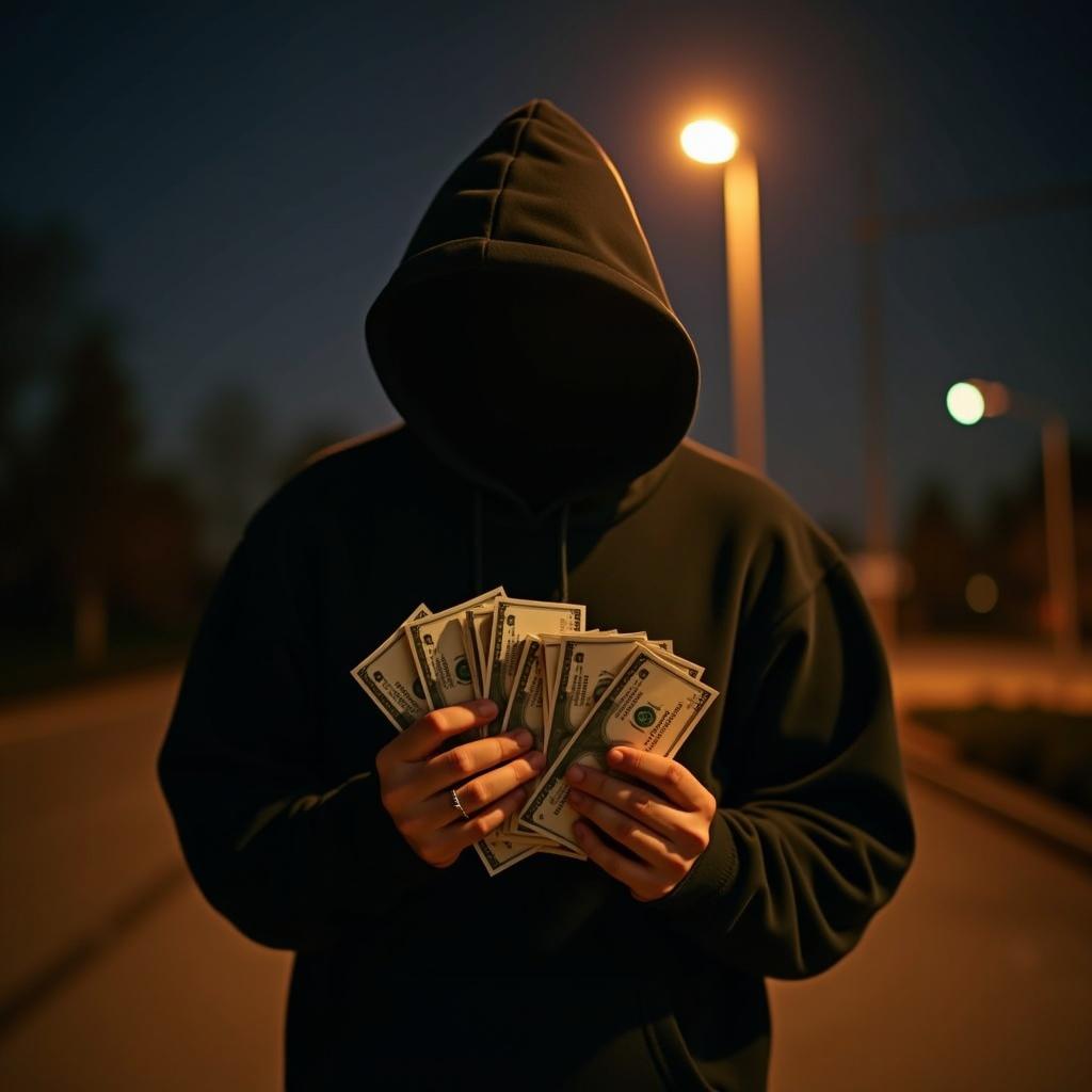 This image features a person wearing a black hoodie, prominently holding a large stack of money under a dimly lit street. The setting is nighttime, with warm light illuminating the scene from a nearby public lamp. Shadows cast by the light create a mysterious atmosphere. The subject's face is obscured, adding to the intrigue. This moment highlights themes of finance and secrecy, set against an urban backdrop, making it visually impactful and thought-provoking.