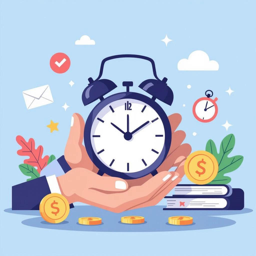 Flat cartoon-style vector illustration representing saving time. Features a hand holding a large alarm clock surrounded by coins and books. Clean geometric shapes with soft rounded edges. Solid white background.