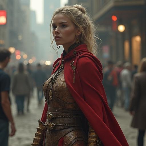 Blonde female model wearing a detailed armor outfit. Dressed in a red cloak. Standing in a thoughtful pose inspired by Rodin's 'The Thinker'. Vivid urban background with people in muted colors. Natural lighting enhances the scene.