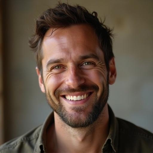 Realistic photograph of a smiling man displaying positive emotions. Captured in natural lighting with a focus on his friendly expression.