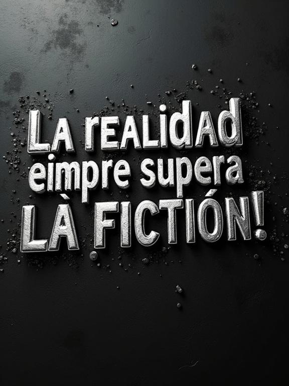 Graphic text overlay featuring the phrase ¡La realidad siempre supera la ficción! Text appears with a shake effect and a metallic stamp texture. Style is aggressive and impactful.