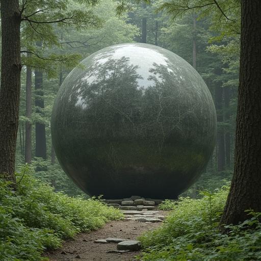 Granite sculpture in the shape of a human figure in a forest. Large spherical form surrounded by trees. Natural environment with diffused light. Emphasis on philosophical themes.