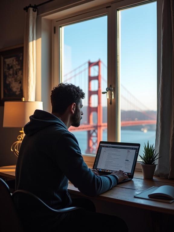 A man working at a desk with a laptop. He is a QA engineer in an e-commerce company. The Golden Gate Bridge is visible outside the window. He is 33 years old and he just found a bug, feeling happy.