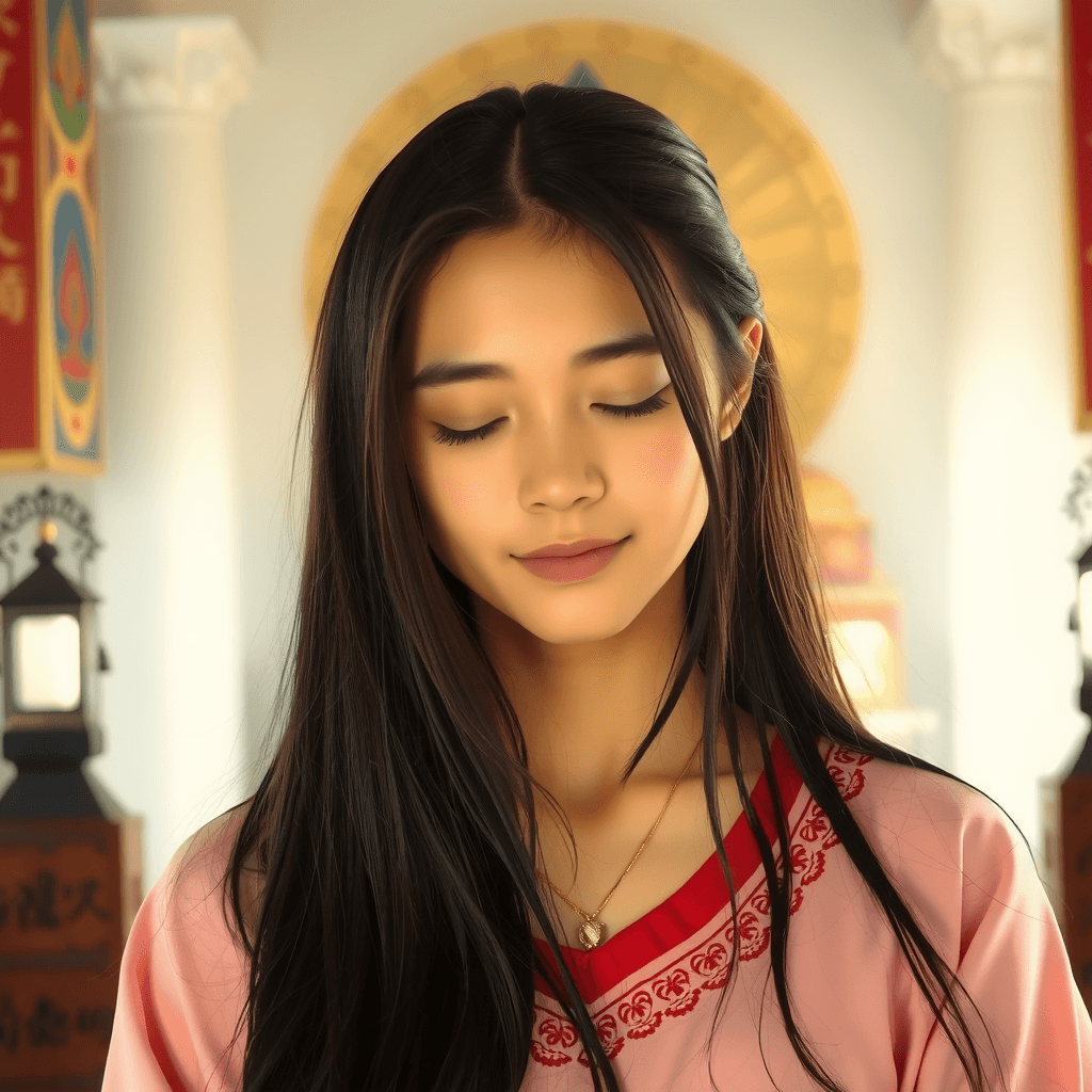 A young woman in traditional attire stands in peaceful meditation, surrounded by cultural elements.