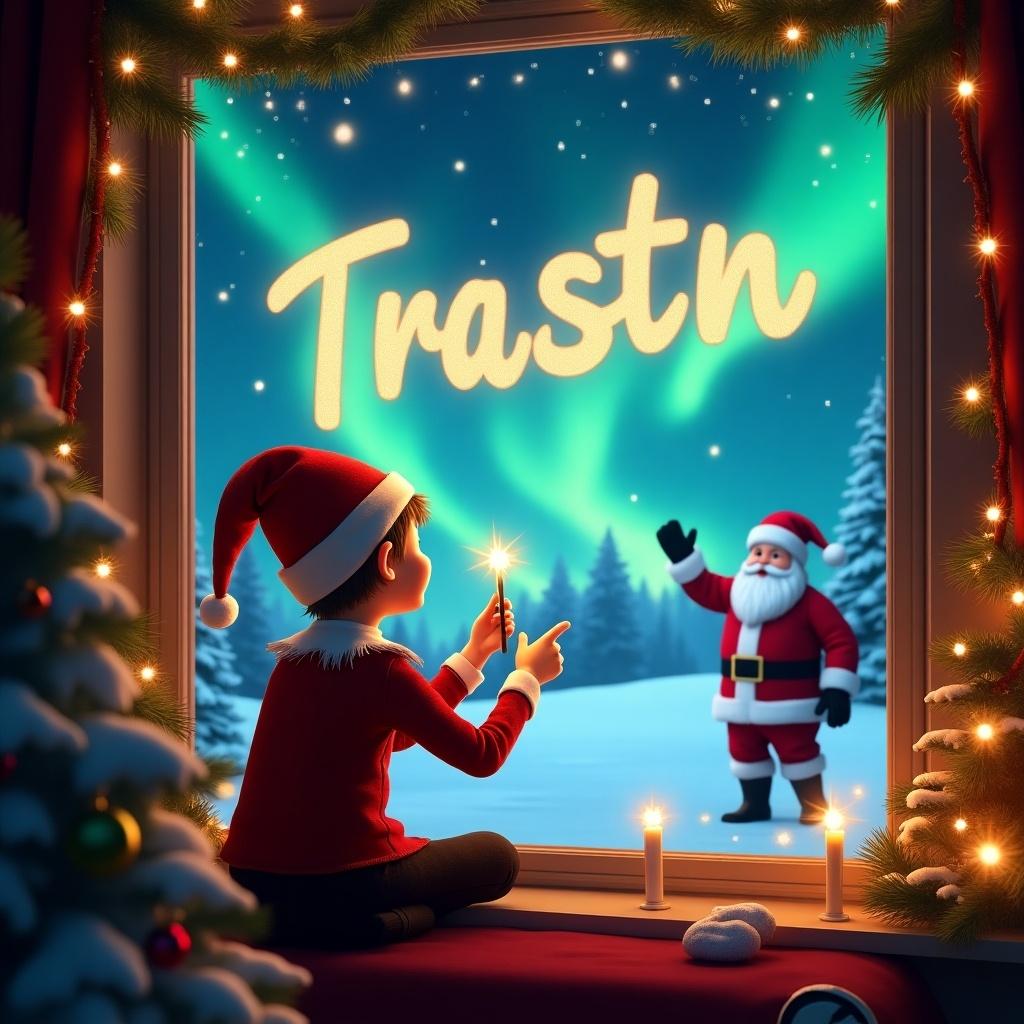 Cozy holiday scene with an elf by a window. Elf writes 'Trastín' in glowing letters with a wand. Snowy landscape outside illuminated by northern lights. Santa Claus waving in the distance. Window decorated for holidays. Scene captures enchanting Christmas spirit.