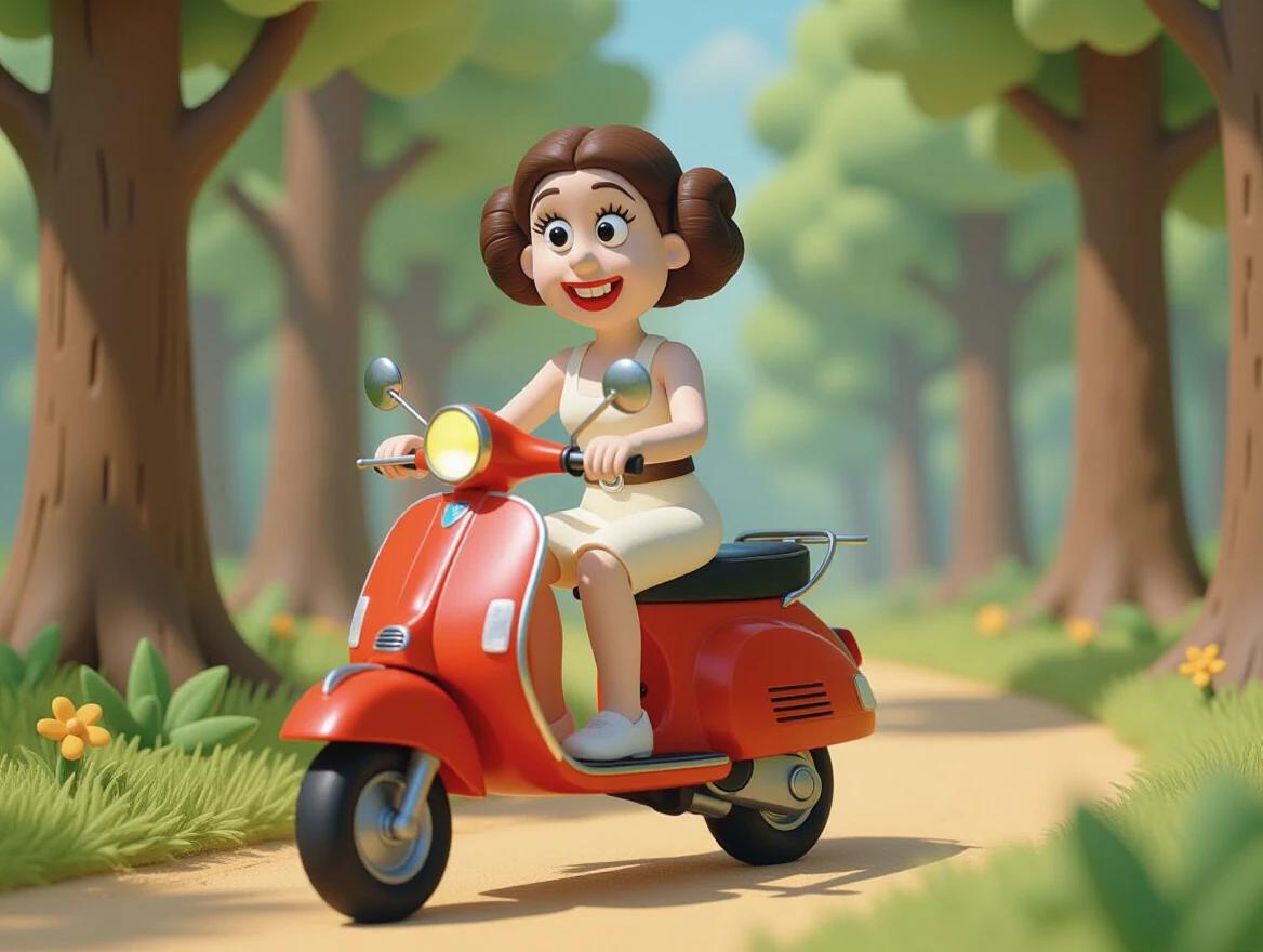 A 3D animated character riding a red Vespa scooter. The character is set in a whimsical forest. Trees surround a sandy path. Style resembles stop-motion claymation. Soft textures and playful color scheme evoke nostalgia and warmth.