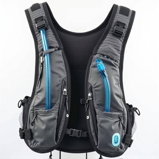 Hydration vest for women with breathable mesh fabric. Multiple pockets for snacks, keys, cards, and cellphone. Adjustable straps on the chest. Water bladder in back pocket with plastic tube crossing over shoulder to front.