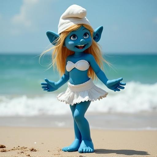 Playful female Smurf figure on beach with open mouth and well-toned physique. Sunny day with waves in the background.