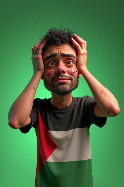 3D animation featuring adult person wearing Palestinian flag patterned shirt. Face shows dirt, scratches, bruises. Signs of trauma from explosion are visible. Person holds head with hands. Displays emotions of sadness, despair, exhaustion. Full-body shot with green background. Soft dramatic lighting enhances the mood.