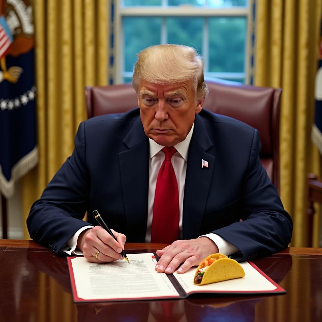 A humorous scene in the Oval Office featuring Donald Trump at his desk. He is signing documents while holding a taco. The surroundings are typical of the White House, with flags and elaborate curtains.