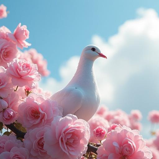 A white dove perches on a light pink rose bush under bright light. The background features a blue sky with fluffy white clouds. No dark shadows present.