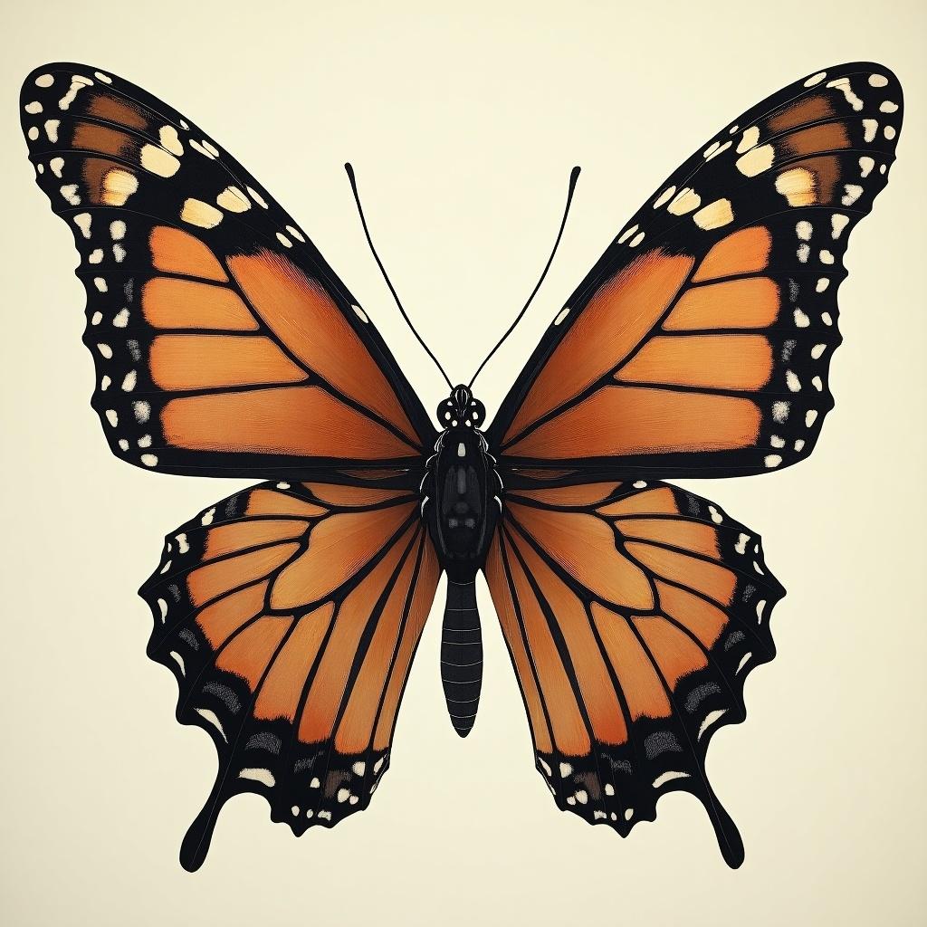 A butterfly with vibrant orange and black wings. The butterfly is symmetrical with intricate patterns. It has a detailed body and antennae. The background is soft and light.