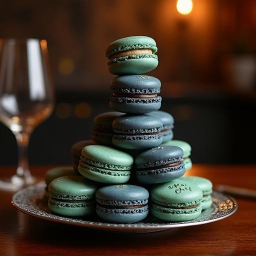 High-resolution photograph of personalized Father's Day macaron tower in shades of charcoal grey deep navy and forest green. Some macarons adorned with edible gold leaf or subtle DAD inscription. Tower placed on vintage-style metal tray on polished dark wood table. Warm ambient lighting creates a sophisticated cozy atmosphere.