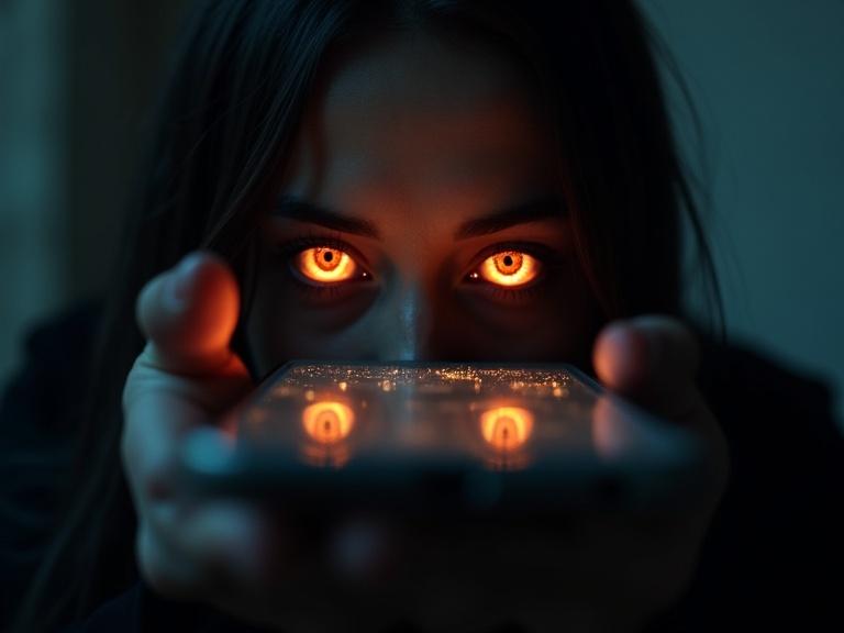 Extreme close up of smartphone held in a human hand. Dark ambient space surrounds the scene. Focus on glowing screen showing supernatural eyes. Eyes of a witch glow with golden red irises and slit pupils. Expression is hypnotic and intelligent. Eyes seem alive and pulse softly. Screen glitches slightly with faint static distortions. Runes flicker at the edges. Reflections of eyes shimmer on fingers and glass surface.