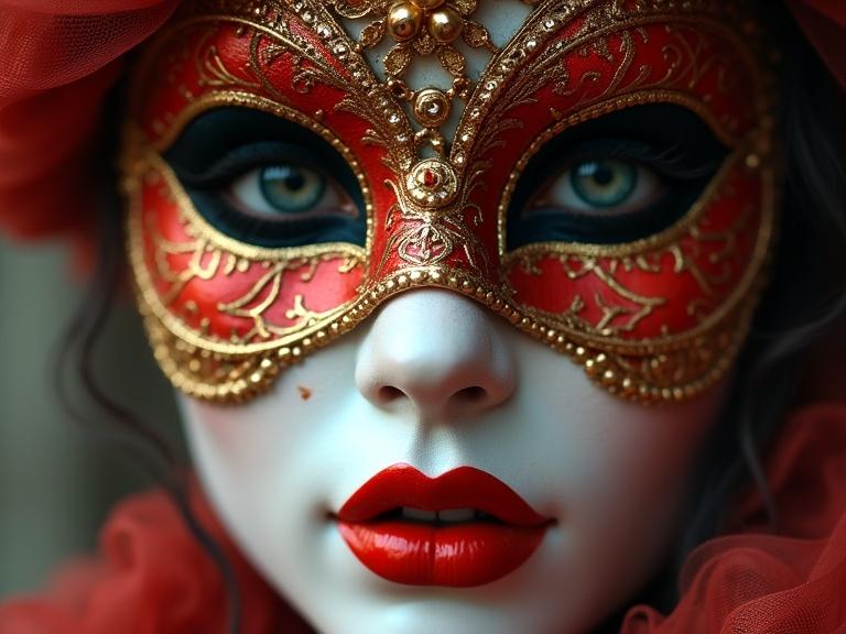 Photorealistic closeup portrait of a woman wearing a richly decorated Venetian mask at a carnival. Mask features intricate designs, colors are vibrant and detailed. Emphasizes mystery and whimsical artistry.