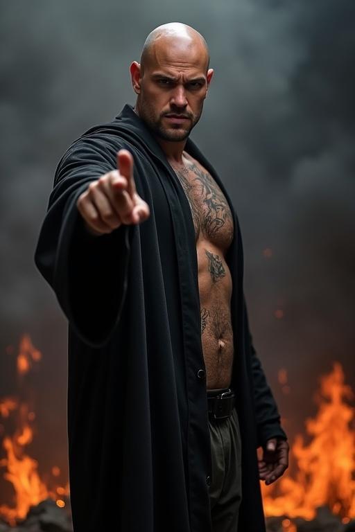 Tattooed man in a black robe points at the viewer with a serious expression. Background features smoke and flames creating a dramatic atmosphere. Muscular physique emphasizes strength and intensity.