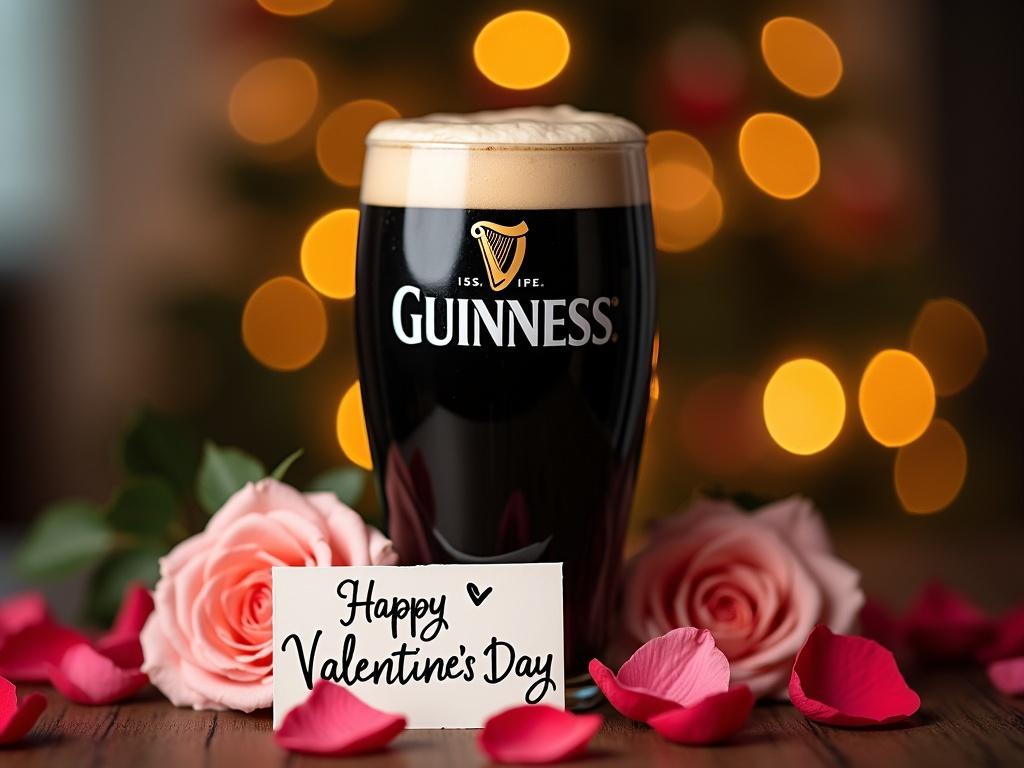 The image features a beautifully poured pint of Guinness beer, with the iconic logo clearly visible. In the background, soft bokeh lights create a warm, romantic atmosphere, suggesting a cozy Valentine's Day setting. The top of the beer froth has subtle heart shapes formed by the creamy texture. Surrounding the glass, delicate pink and red rose petals are scattered, enhancing the Valentine's theme. A handwritten note in elegant script sits next to the pint, wishing 'Happy Valentines Day' to add a personal touch to the occasion.