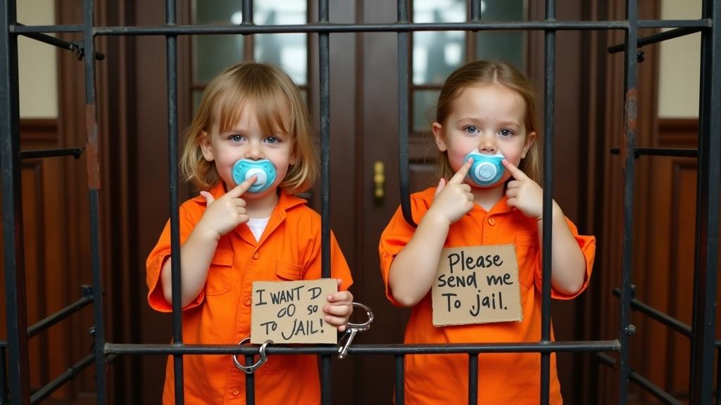 Children in jail jumpsuits with pacifiers in mouths. They are locked in a metal cage. Proud expressions while pointing at their pacifiers. Each holds a humorous sign about jail. Parents humorously protest with signs.