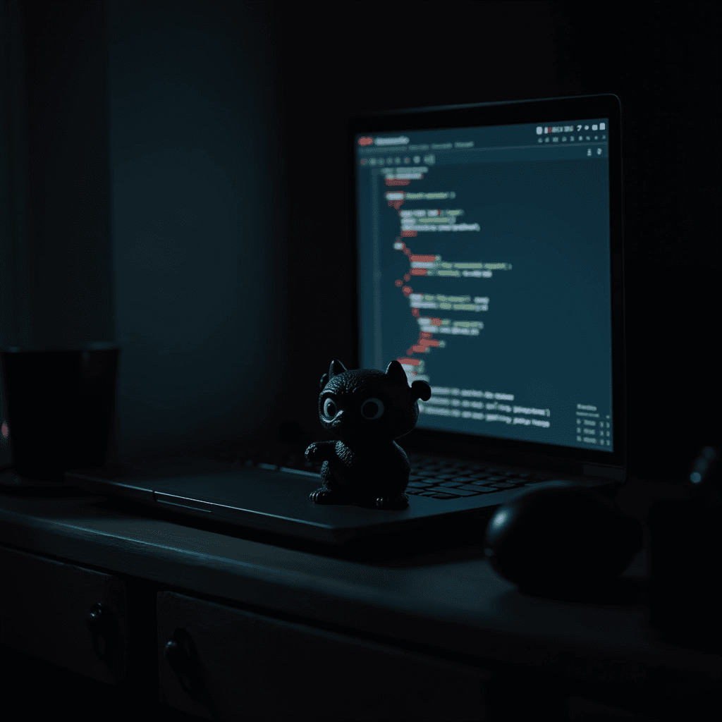 A cute black figurine sits on a laptop with code on the screen, casting shadows in a dimly lit room.