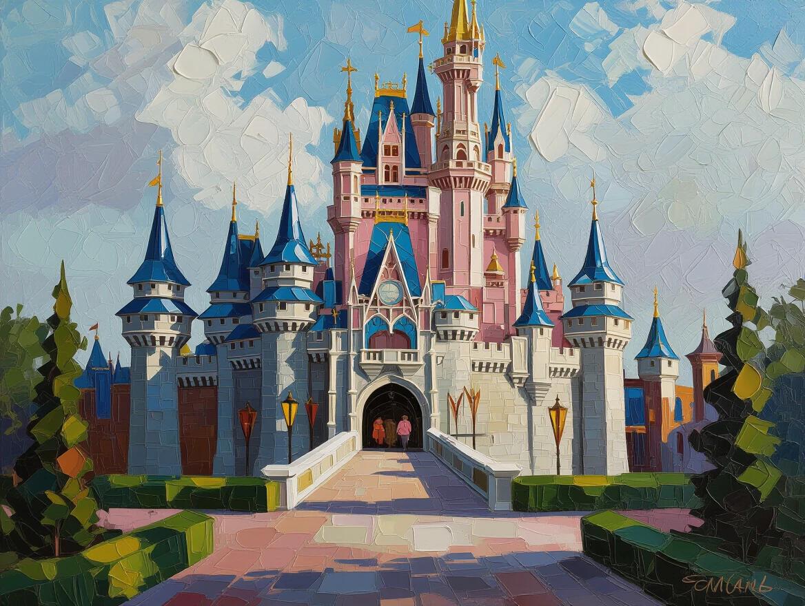 A magical castle painted in thick strokes. The architecture is enchanting. The scene shows vibrant blue towers and pink walls. The painting style resembles classical oil painting. It evokes feelings of wonder and imagination.