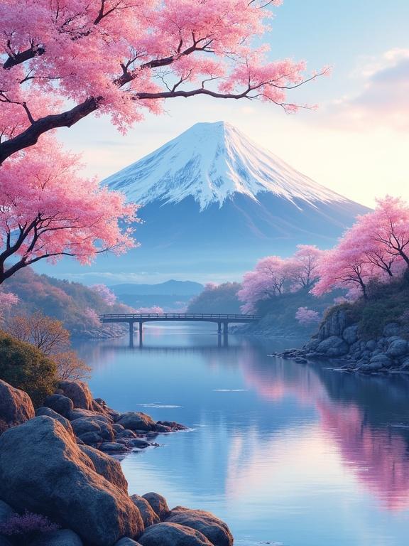 Landscape artwork depicting cherry trees blooming with pink flowers surrounding Mount Fuji. A calm river reflects the scenery. Stone formations and a bridge enhance the natural beauty.