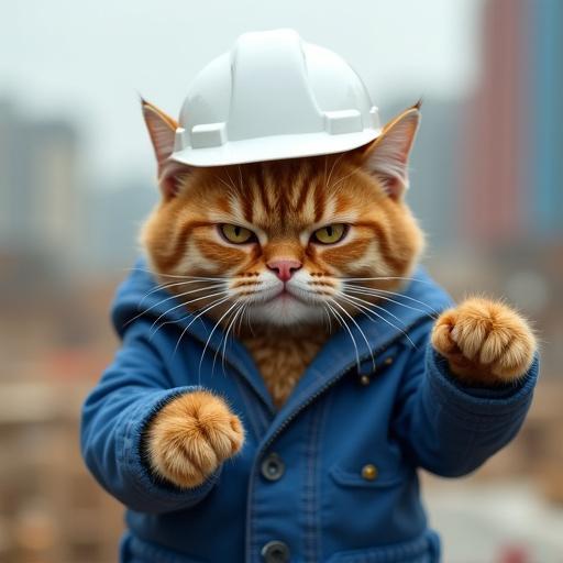 A semi-realistic cat in a white hard hat and blue work jacket on a construction site. The cat has an angry expression with pinned ears and narrowed eyes. The fur appears slightly puffed. The cat is pointing with its paw, showcasing detailed fur texture.