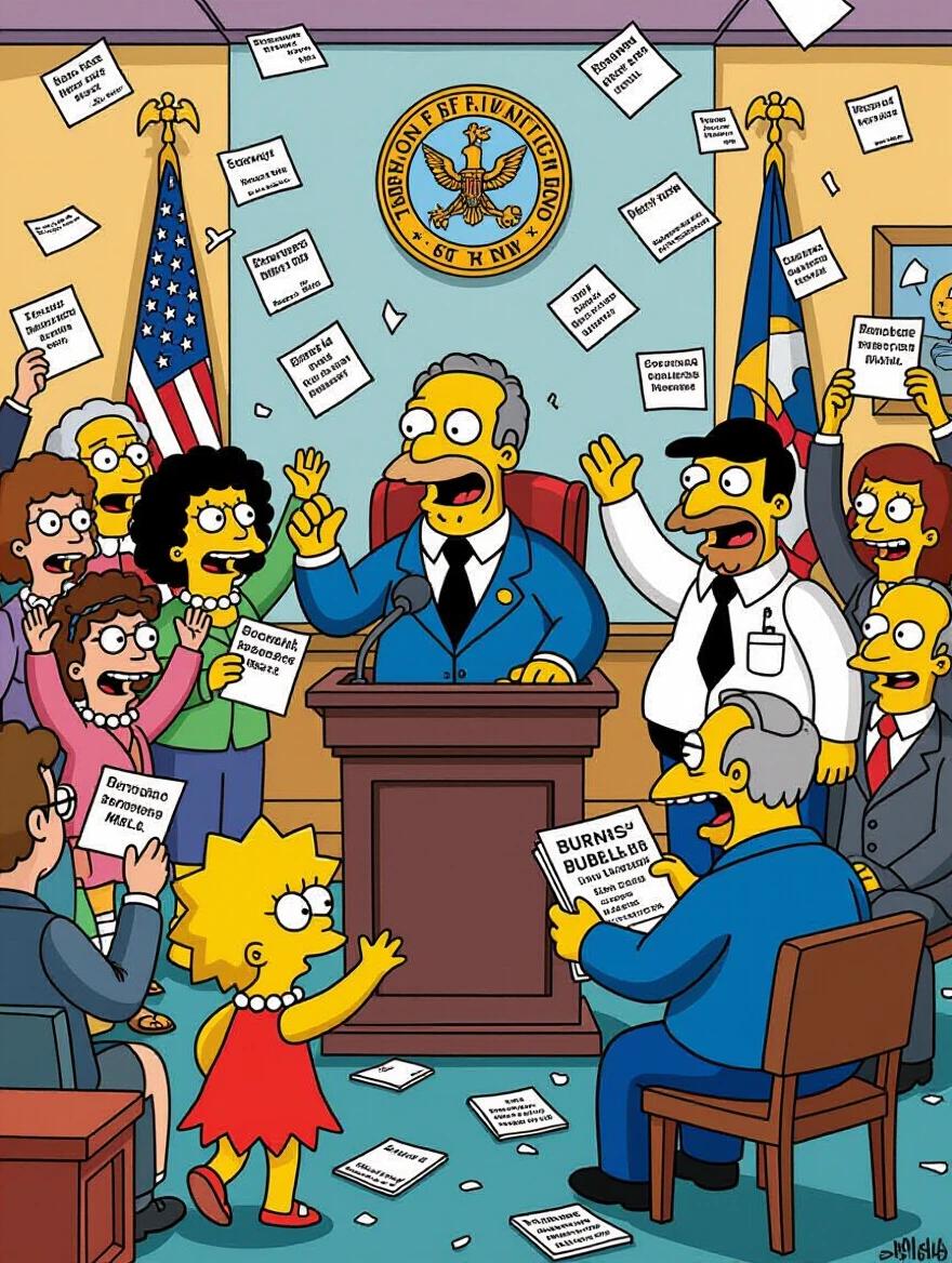 A chaotic Springfield town hall meeting where citizens shout and wave foreclosure notices. Mayor Quimby sweats behind the podium while Chief Wiggum eats a donut to restore order. Lisa stands on a chair with a folder labeled “Burns' Bubble — The Truth.”