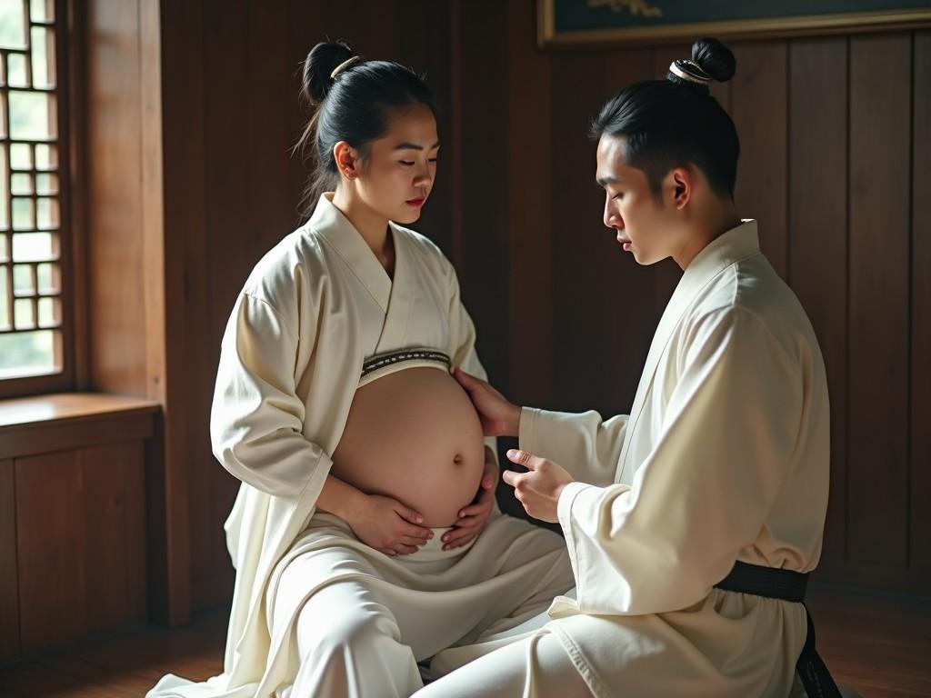 The image depicts a serene scene of a pregnant woman sitting down, dressed in traditional clothing, with a man kneeling beside her. The couple shares an intimate moment as they prepare for the arrival of their child. The soft lighting creates a peaceful ambiance in a wooden room. Their expressions convey love and anticipation, highlighting the beauty of family. The setting and attire reflect cultural significance, emphasizing the importance of family values.