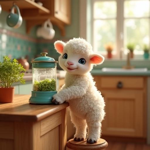 A young lamb with fluffy white wool and blue eyes stands on a stool in a warm-toned kitchen. The lamb is smiling, using a vintage blender on the counter to make breakfast with clover leaves inside. The kitchen features wooden cabinets, pastel tiles, and a window with sunlight. Potted herbs and mugs enhance the cozy feel.