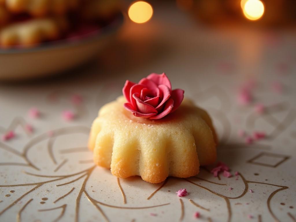 A small, elegantly decorated cake with a pink fondant rose on top, placed on a patterned surface with blurred background lights creating a cozy atmosphere.