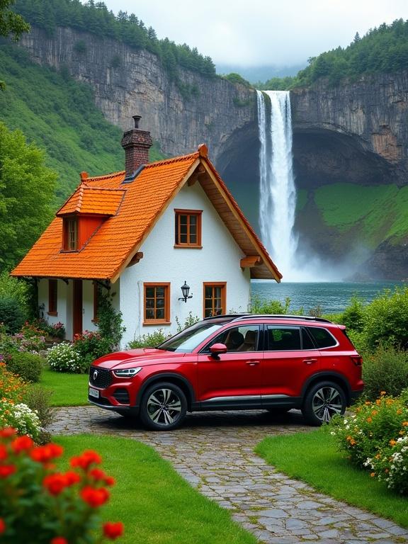 A red SUV parked in front of a quaint white house. Vibrant orange roof with lush greenery and colorful flowers. Charming stone pathway leads to the entrance. Majestic waterfall cascades down a verdant hillside in the background. Scenic nature and architecture blend together.