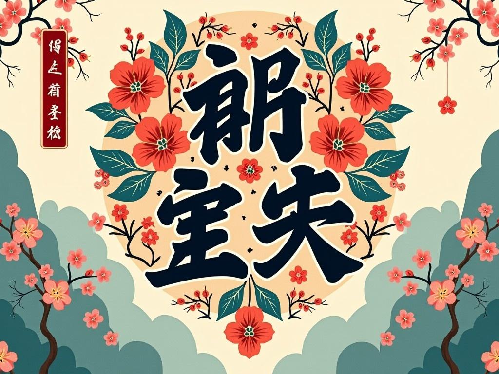 This image features an intricate floral design, prominently displaying bold Chinese calligraphy at its center. Surrounding the calligraphy are vibrant flowers and greenery, creating a rich tapestry of color and texture. The overall theme conveys harmony and beauty, representative of cultural artistry. The background is soft, enhancing the vivid elements in the foreground. This artwork exemplifies a blend of tradition and visual appeal, making it suitable for various decorative purposes.