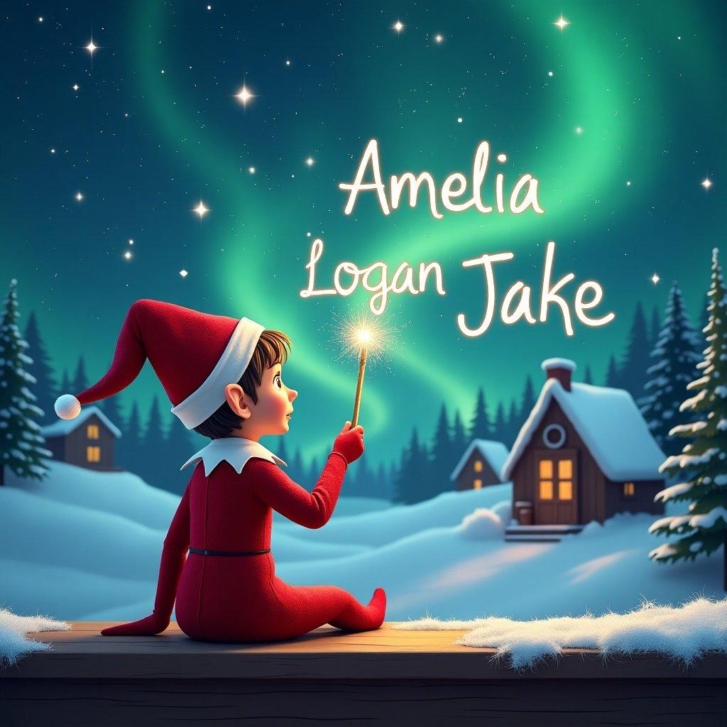 An elf sits on a wooden ledge and gazes at a magical sky. The elf is dressed in a red outfit with a pointed hat and holds a sparkling wand. The elf writes the names 'Amelia','Logan', and 'Jake' in the starry sky. The background features a snowy landscape with little houses and evergreen trees under the shimmering Northern Lights. This scene captures the essence of childhood magic.