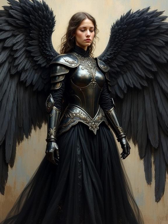Female angel with large black feathered wings. Clad in traditional black plate armor. Neoclassical style. Post-impressionism technique. Oil painting with textured finish.