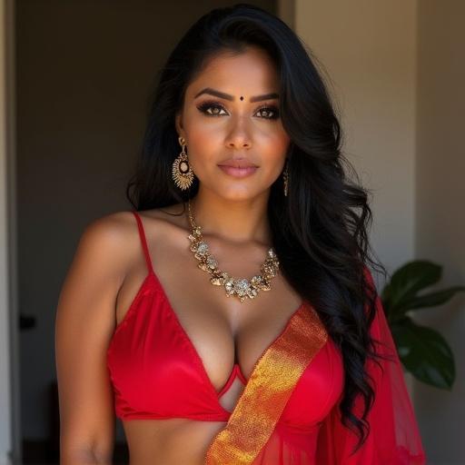Portrait of an Indian woman. She has brown skin, black hair, and wears a red sleeveless blouse with a deep neckline. Gold jewelry highlights her look, and she exudes elegance.