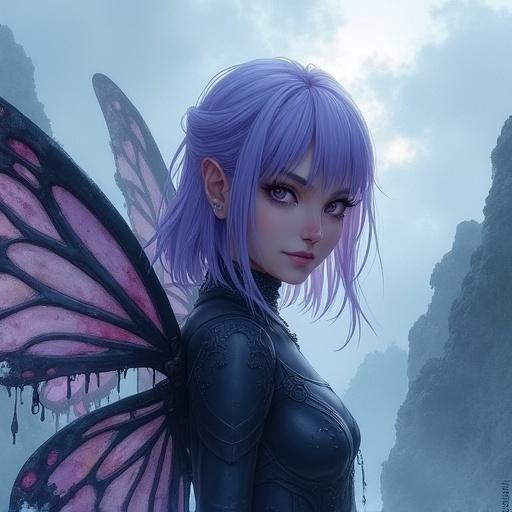 Atmospheric portrait of a cunning fairy rogue. Shoulder-length lavender hair with piercing eyes and a sly smile. Butterfly wings with torn edges, faint iridescence. Shadowy lighting and eerie mist. Foggy mountain peaks in the background. Overcast twilight sky with ethereal gloom and subtle backlight. Digital watercolor style with soft gradients. Cinematic quality inspired by Yuumei.
