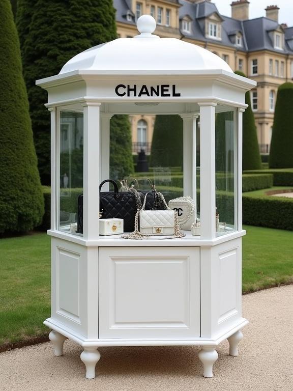 Luxury white Chanel claw machine. Filled with mini quilted black and white Chanel bags and pearls. Standing in a formal French garden. Manicured trees and historical buildings in background.