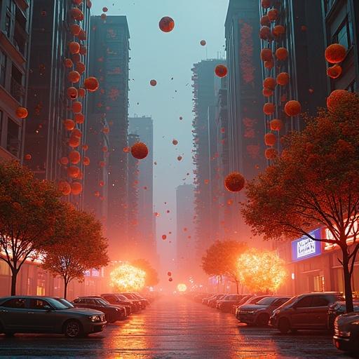 A city overtaken by warring fruits. Massive trees of fruit and walls covered in peels. The environment becomes a surreal battlefield with bright neon illumination. A chaotic ambiance with particles and smoke effects.