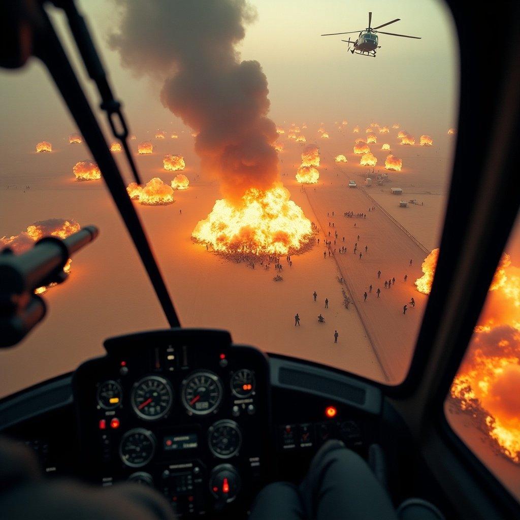 Aerial view from a helicopter during a chaotic prison escape. Explosions visible on the ground. Criminals shooting at police. Anarchy reigns. Helicopter circling above the incident.