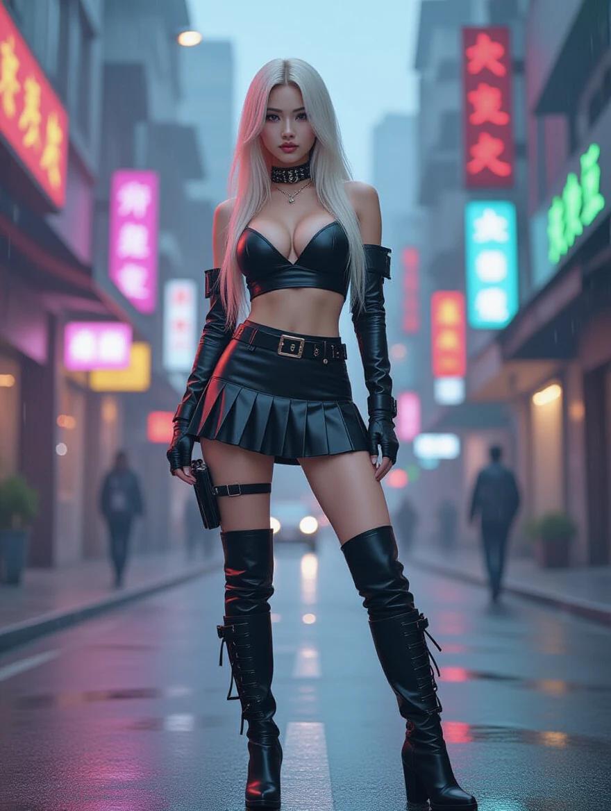 Hot asian girl in a cyberpunk setting wearing bright make-up and a crop-top with cleavage. The outfit includes a pleated mini-skirt and high boots. The hair is long and blonde with puffy lips.