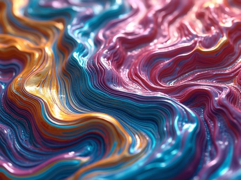 Abstract representation of multicolored liquid metal with swirling patterns. Bright highlights showcase fluid movement and texture. Close-up perspective emphasizes color variations. Ideal for artistic inspiration.