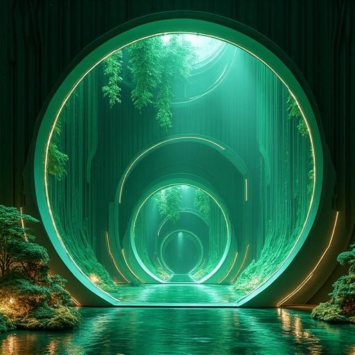 Anime inspired futuristic interior of a luxurious building resembling a black hole. Oversized circular structures create a high-tech atmosphere. Glowing emerald greens contrast with deep blacks. Captured at noon in Shanghai.