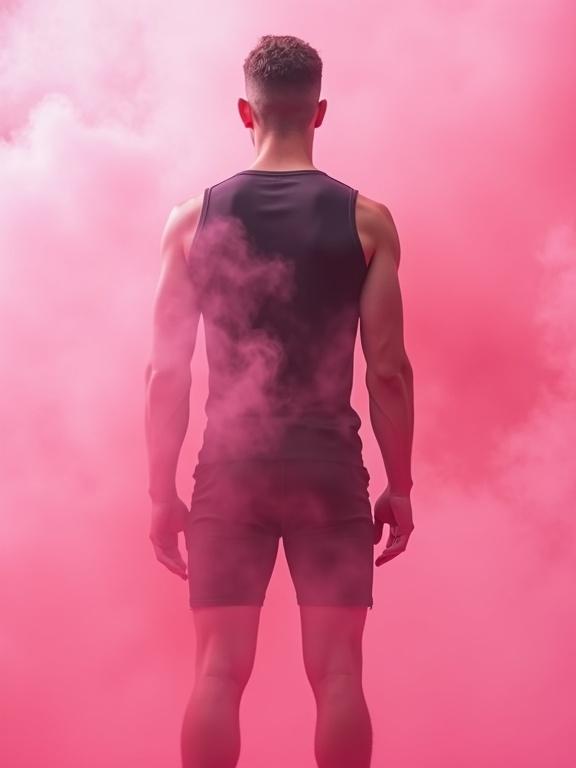 Athletic figure stands with back to the camera. Wearing form-fitting black clothing. Surrounded by swirling pink mist. Transforming into a woman gracefully. Focus on subject in center. Ultra HD quality.
