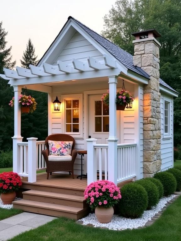 Image of a quaint small cabin with a charming porch surrounded by a well-maintained garden. The cabin has a steeply pitched roof and white horizontal siding. A stone chimney sits on the right side. The elevated front porch has wooden steps and white railings. Decorated with hanging lanterns and a wicker chair with floral cushion. Flower baskets and potted plants surround the cabin. Lush green grass and white pebbles contribute to the landscape. The backdrop consists of tall green trees with a pastel sky.