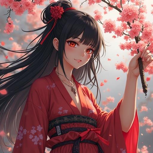 Ultra realistic full body portrait of a girl wearing a traditional Japanese kimono enjoying cherry blossoms. The character has long black hair with vibrant features and a serene expression.