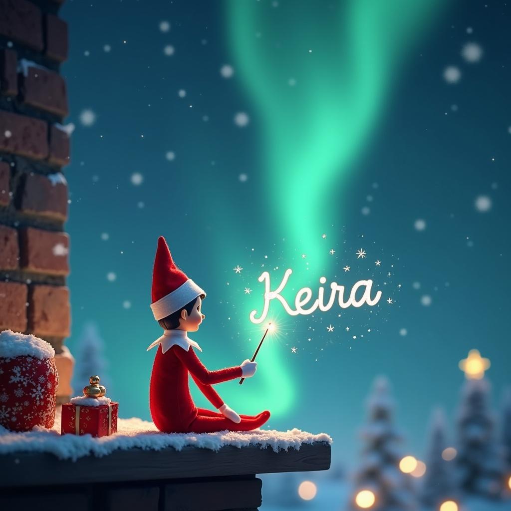 An enchanting scene featuring an elf on the shelf with its back to the viewer. The elf is facing a magical night sky and using a wand to write the name 'Keira' in glowing letters. In the background, the beautiful northern lights flicker with vibrant colors, adding to the Christmas spirit. Surrounded by snow-covered trees and a brick wall, the cozy atmosphere is accentuated by presents nearby. The overall image captures the essence of holiday magic for children and families alike.