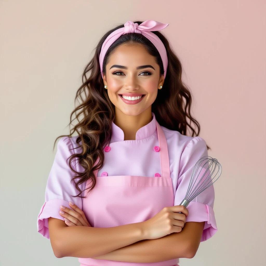 Portrait of a Brazilian pastry chef standing against a pastel background. Olive skin and curly hair tied back with a pink headband. Wearing a light lilac blouse with pink buttons and a pink apron. Holding a whisk in a confident pose with arms crossed. Friendly professional expression. Studio lighting. Clean composition.